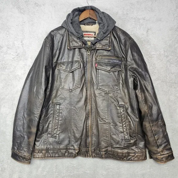 Levi's Men's Faux Leather Sherpa Hoodie‎ Jacket XXL Brown Distressed Grunge Moto